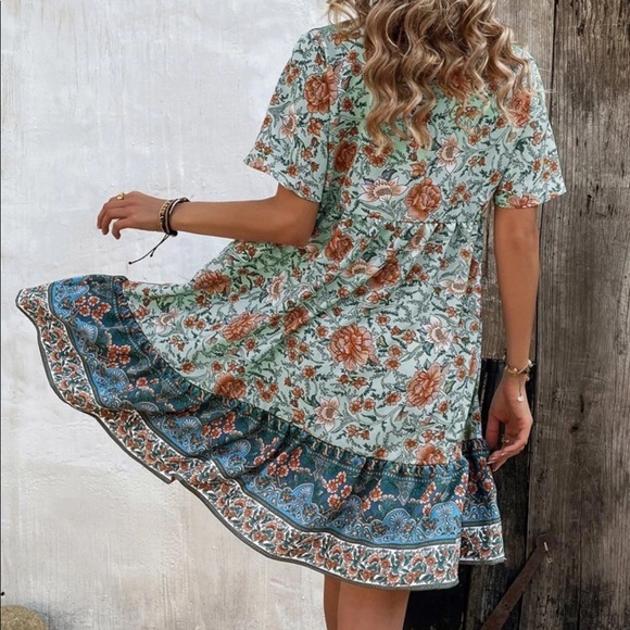 Floral Print Tie Neck Smock Mini Dress - Picture 2 of 7